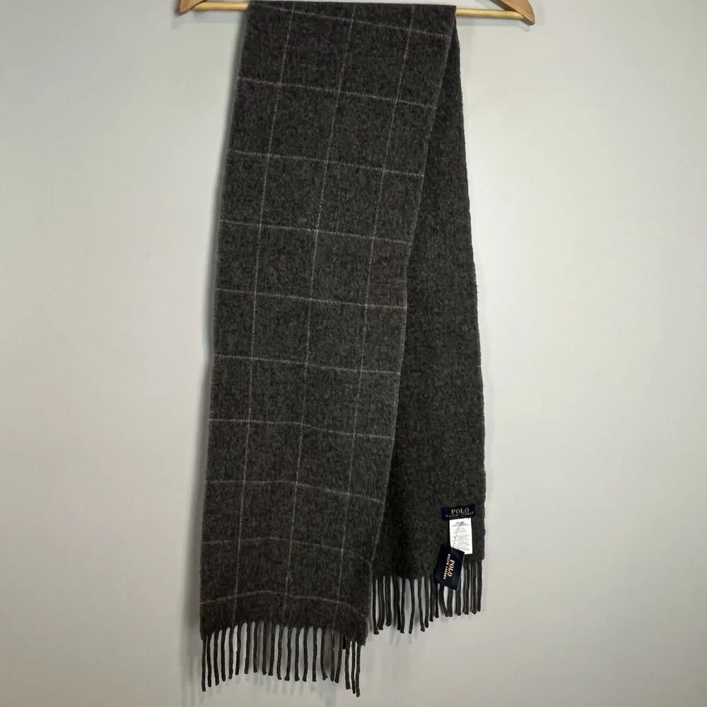 Polo Ralph Lauren Made In Italy Wool Blend Scarf Gray Plaid NWT